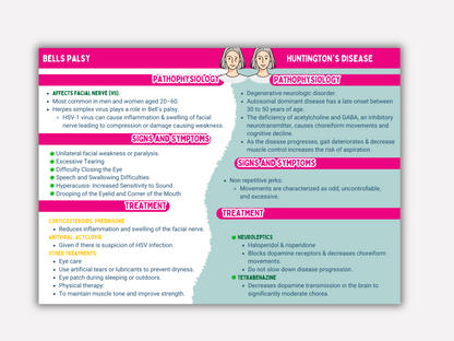 Educational chart comparing Bell's Palsy and Huntington's Disease on a pink and blue background.