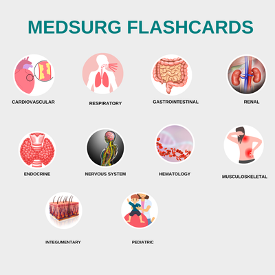 Medsurg flashcards with icons and labels for different body systems on a white background.