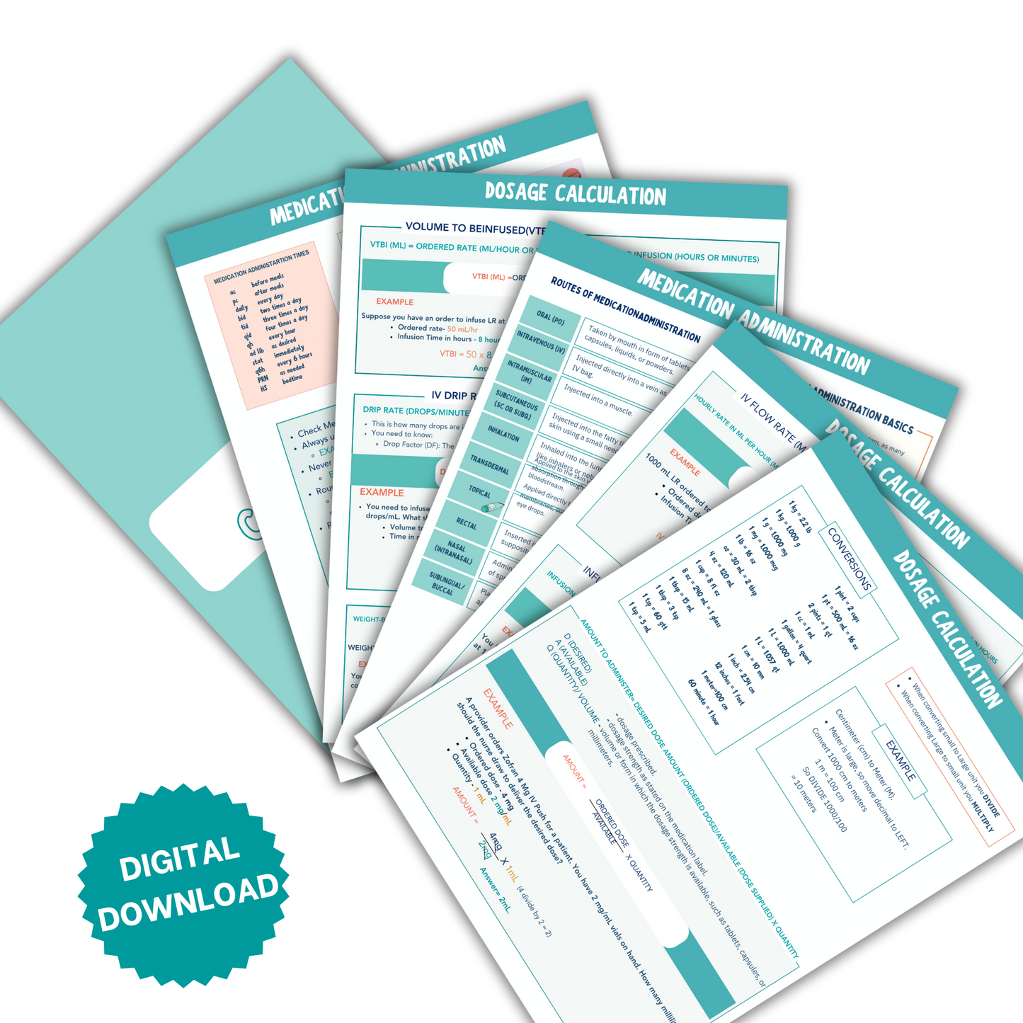Set of educational posters on medication administration and dosage calculation with a digital download badge.